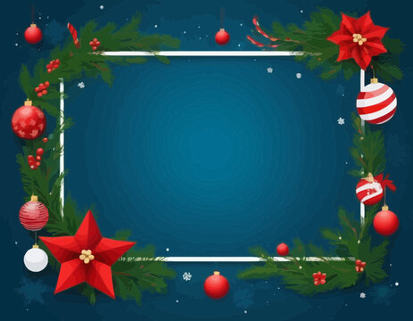 Merry Christmas sign banner frame with empty space and festive decoration on blue background