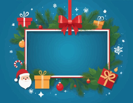 Merry Christmas sign banner frame with empty space and festive decoration on blue background