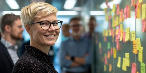 Aufkleber - A committed professional uses colorful sticky notes in a collaborative office designed for effective goal setting and selfimprovement, fostering a culture of growth and innovation among team members