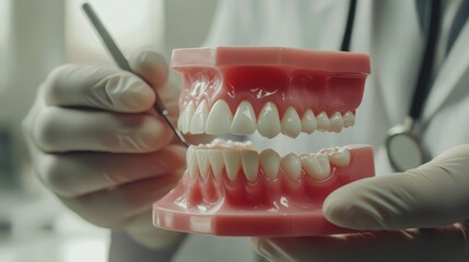 Aufkleber - A dental professional holds a detailed digital model of human teeth, showcasing dental expertise and techniques. The setting highlights the integration of technology in modern dentistry practices.