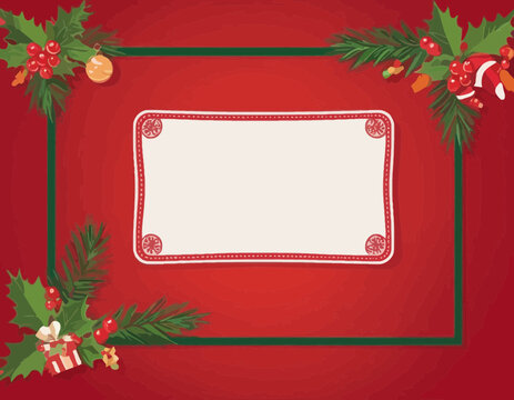 Christmas sign banner frame with empty space and festive decoration on red background