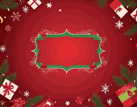 Christmas sign banner frame with empty space and festive decoration on red background