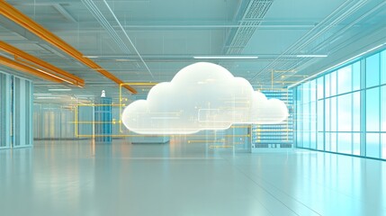 Poster - Futuristic Digital Cloud Technology Concept in Modern Office Space with Bright Windows and Sleek Interior Design Highlighting Innovation and Connectivity