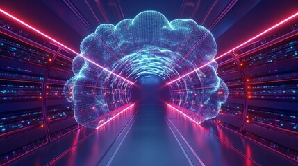 Fototapete - Futuristic Digital Tunnel with Vibrant Cloud Representation and Neon Lights, Illustrating a Journey Through Cyber Space and Advanced Technology Concepts
