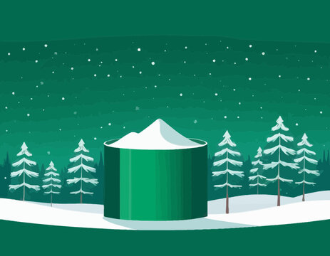 Christmas banner winter landscape green background and snow product display cylindrical shape
