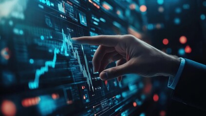 Poster - A skilled professional expertly navigates a digital stock market interface, showcasing various charts and data analysis tools that reflect financial strategies and goalsetting practices