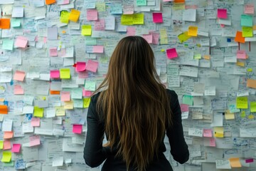 Poster - A determined woman stands confidently before a colorful wall covered in sticky notes, each representing her goals and aspirations, reflecting her journey of selfimprovement and organization