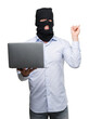 © Krakenimages.com - Business hacker man holding a computer laptop very happy pointing with hand and finger to the side