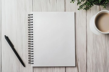 Poster - On a crafted wooden table, a blank notebook awaits to be filled, beside a sleek pen and a comforting cup of coffee, symbolizing planning and creativity essential for healthy meal preparation