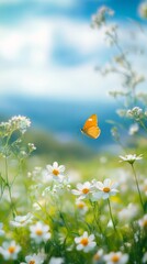 Wall Mural - butterfly gracefully flutters above a vibrant meadow under a bright blue sky with fluffy clouds