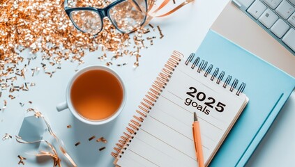 Poster - A well-organized workspace featuring a notebook with '2025 goals' written prominently, surrounded by a cup of tea, glasses, and a keyboard, signaling a focus on planning and self-improvement.