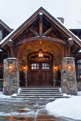 Poster - Rustic Wooden Entrance to a Stone House in Winter