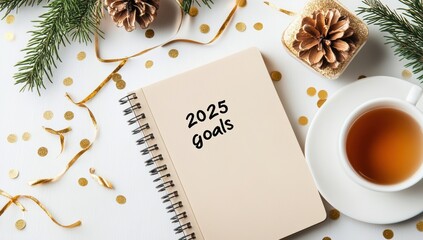 Aufkleber - A warm workspace features a 2025 goals notebook, a steaming cup of tea, decorative pine cones, and colorful confetti, all symbolizing strategic planning and personal selfimprovement