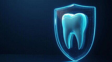 Poster - This visual representation features a glowing tooth inside a protective shield, symbolizing the integration of artificial intelligence in dentistry for enhanced patient protection and care.