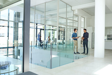 Aufkleber - Finance, tablet and business people in office, teamwork and conversation with planning for project. Development, accounting consultant and employees in workplace, technology and connection with taxes