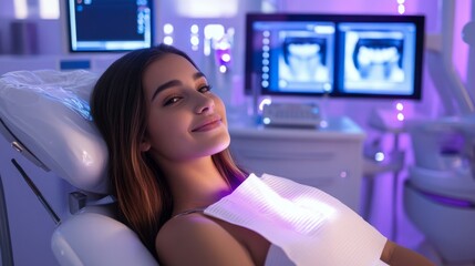 Poster - A young patient smiles while seated in a high-tech dental clinic. The environment is illuminated with soft purple lighting, creating a calm atmosphere.