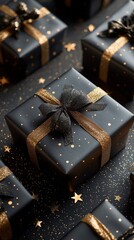 Wall Mural - Elegant black gift boxes with golden ribbons and stars on a dark background for celebrations