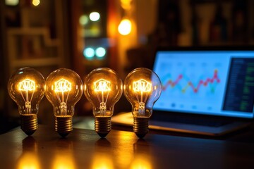 Poster - A beautifully arranged set of light bulbs glows warmly in the foreground, while a laptop displays colorful graphs and data in a softly lit room, symbolizing inspiration and planning.