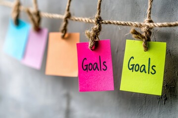 Aufkleber - A lively display of colorful sticky notes, creatively suspended with twine, highlights key themes of goal setting, motivation, and the journey of selfimprovement and personal growth