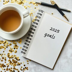 Aufkleber - In a cozy scene, a warm cup of tea sits next to a spiral notebook adorned with gold confetti, symbolizing goal setting and selfimprovement as we aspire toward 2025, promoting clarity and creativity