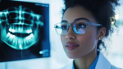 Fototapete - A dentist examines a digital X-ray on a screen in a modern dental clinic. The professional is focused and thoughtful, utilizing advanced technology to enhance patient care and diagnostics.