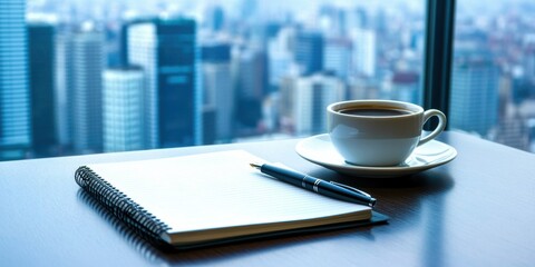 Poster - Imagine a serene workspace with a notepad, elegant pen, and warm coffee, all against a vibrant city skylinean ideal setting for pursuing ambitious goals and fostering selfimprovement