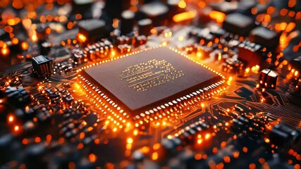 Poster - Close-up view of a glowing computer chip on a detailed circuit board, showcasing advanced technology and electronics