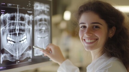 Poster - A dentist reviews digital x-rays on a screen in a contemporary dental practice.