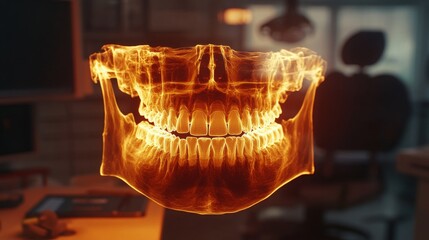 Fototapete - A digital rendering of a jaw structure using AI technology is showcased in a modern dental office. This advanced visualization aids dentists in diagnosis and treatment planning.