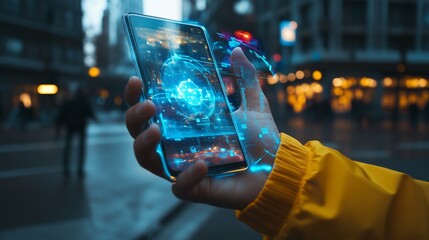 Poster - Person using futuristic smartphone app in city.