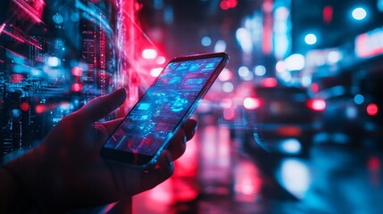 Poster - Hand holding smartphone with futuristic interface in city at night.