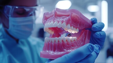 Poster - A dental professional examines a 3D-printed model of a human jaw during a demonstration of artificial intelligence applications in digital dentistry.