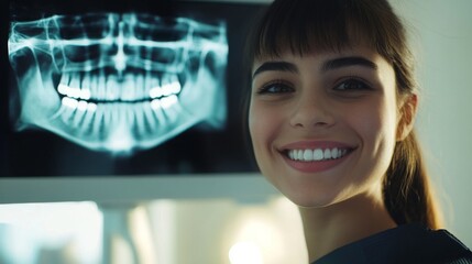 Fototapete - A dental professional examines digital X-ray images in a modern clinic, displaying a warm smile and engaging with a satisfied patient. The atmosphere is bright and welcoming, promoting comfort.