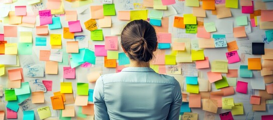 Poster - A reflective person is contemplating their personal and professional goals, planning in front of a vibrant wall of colorful sticky notes that represent their journey of selfimprovement and strategy