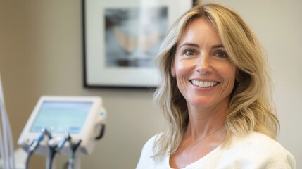 Poster - A skilled dental professional poses with a warm smile in a modern clinic. Advanced dental equipment is visible, indicating the use of technology in patient care.