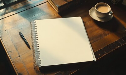 Aufkleber - A pristine blank notebook rests invitingly on a rustic wooden desk right next to a steaming cup of freshly brewed coffee, symbolizing a perfect fresh start for setting goals and strategic planning