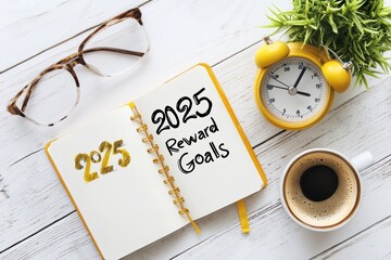 Aufkleber - The image shows a closeup of an open notebook with outlined goals for 2025, surrounded by stylish glasses, a clock, a vibrant plant, and coffee, symbolizing planning and selfimprovement