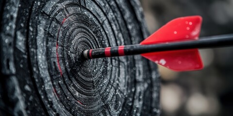 Poster - An arrow flies swiftly and strikes accurately at the very center of a wooden target, symbolizing the power of focus and unwavering determination in the pursuit of goal achievement and personal growth