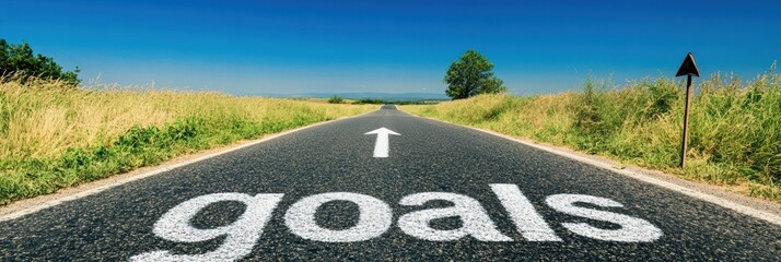 Poster - Ahead lies a tranquil road on which various goals are painted vividly on the asphalt. These symbols represent the journey towards selfimprovement and personal achievement throughout ones life