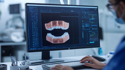 Fototapete - A dental professional analyzes digital 3D representations of teeth on a computer screen in a contemporary clinic. This innovative approach utilizes artificial intelligence to enhance dental care.