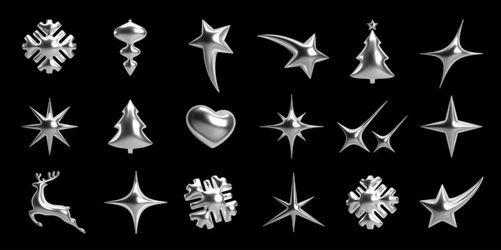 3D chrome Christmas and New Year icons with glossy metallic silver surface: snowflakes, stars, trees, heart, reindeer. Rendered design elements collection for holiday decorations, festive projects