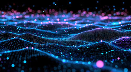 Poster - Colorful abstract wave pattern with glowing dots creating a digital landscape effect at night