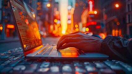 Poster - Double exposure of woman hand typing on laptop computer and cityscape at night