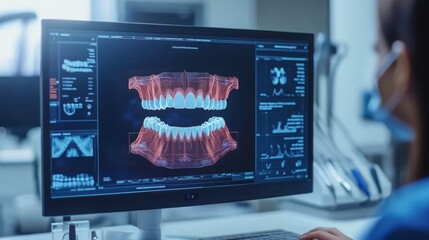 Fototapete - A dentist examines an advanced AI-assisted program displaying detailed 3D dental scans on a computer monitor in a modern clinic. The analysis enhances precision and treatment planning.