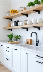 Wall Mural - Modern kitchen design with open shelving, fresh herbs, and minimalist decor showcasing bright colors and functionality