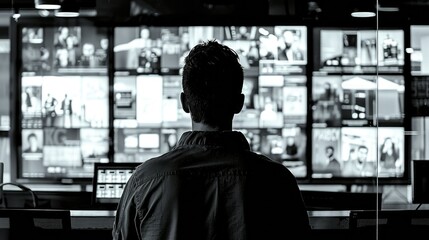 Poster - A person looking at multiple screens in a control room.