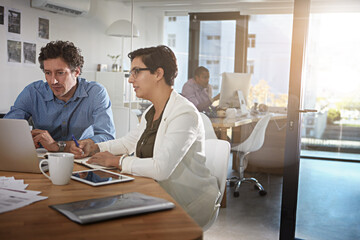 Poster - Teamwork, laptop and planning with business people in office for research, web and consulting. Project management, collaboration and advice with employees in agency for feedback, review and update