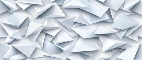 Poster - An abstract design with a white backdrop, incorporating multiple layers of semi-transparent white textures shaped as triangles, diamonds, and squares in a chaotic geometric design, enhanced by a
