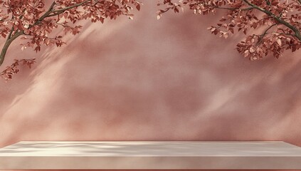 Poster - A sleek beige brown cement curve counter and podium, featuring a unique texture, is illuminated by gentle dappled sunlight and adorned with leaf shadows on a white wall, making it an ideal background
