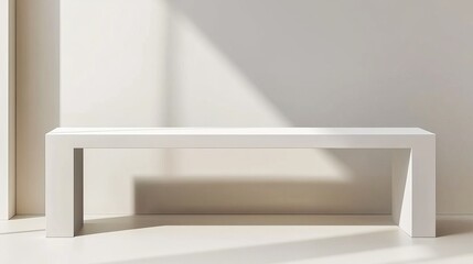 Poster - A textured cream white cement curve counter podium bathes in soft, dappled sunlight with leaf shadows on a white wall, creating an elegant backdrop for luxury organic cosmetic, skincare, and beauty
